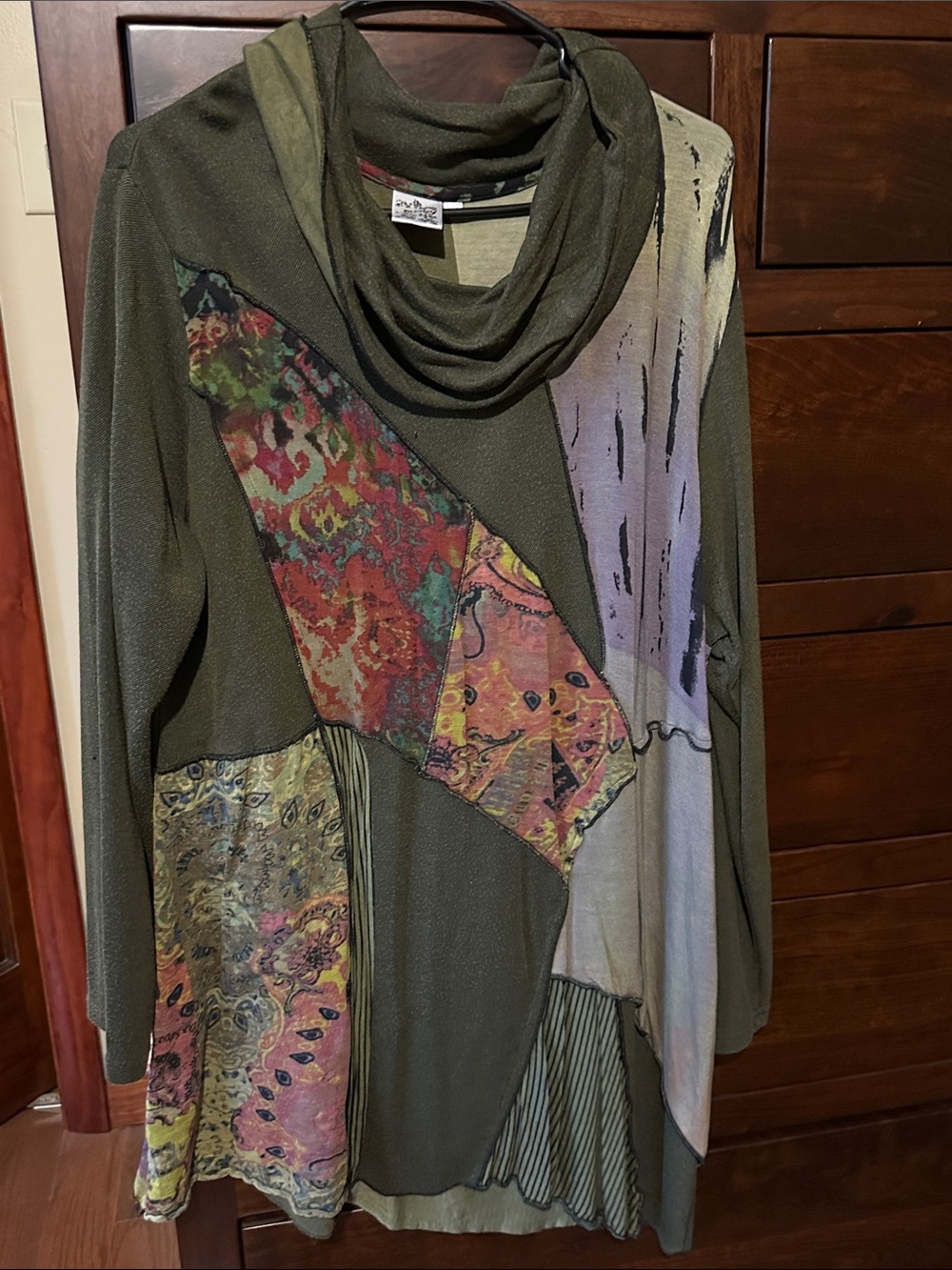 Parsley & Sage Olive Patchwork Cowl-Neck Sweater Tunic with Multicolor Panels